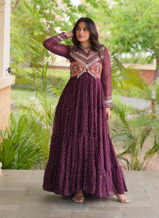 Wine Pure Faux Georgette Bandhani Print With Kutchi Patchwork Anarkali Long Gown