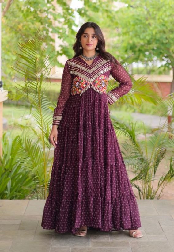 Wine Pure Faux Georgette Bandhani Print With Kutchi Patchwork Anarkali Long Gown