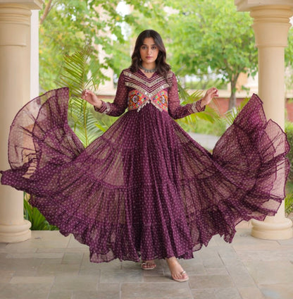 Wine Pure Faux Georgette Bandhani Print With Kutchi Patchwork Anarkali Long Gown