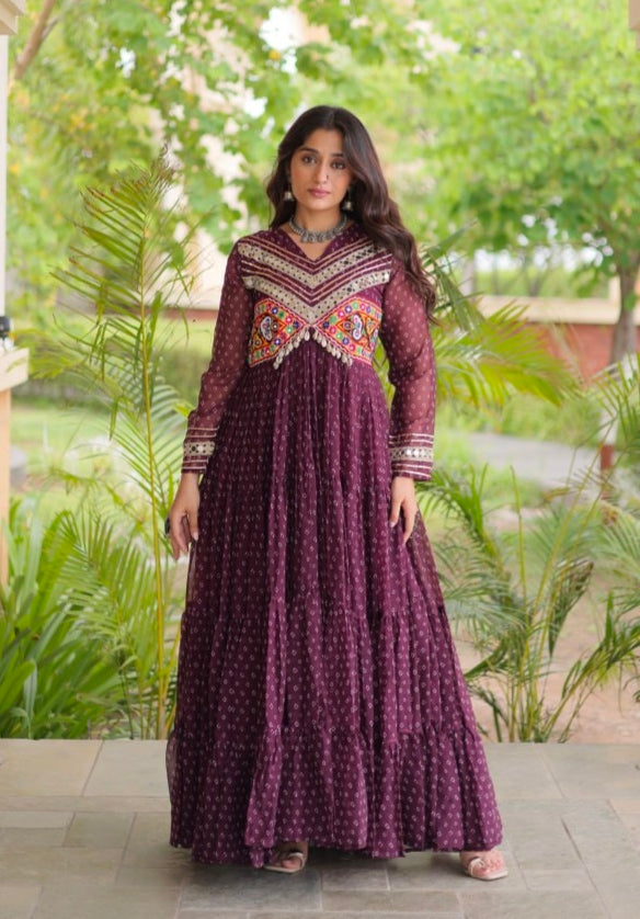 Wine Pure Faux Georgette Bandhani Print With Kutchi Patchwork Anarkali Long Gown