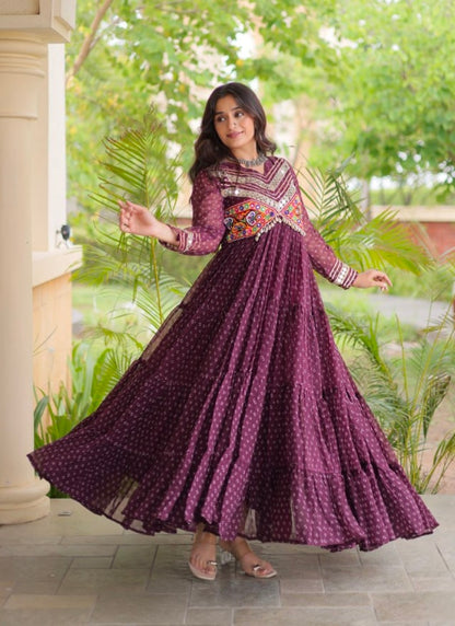 Wine Pure Faux Georgette Bandhani Print With Kutchi Patchwork Anarkali Long Gown