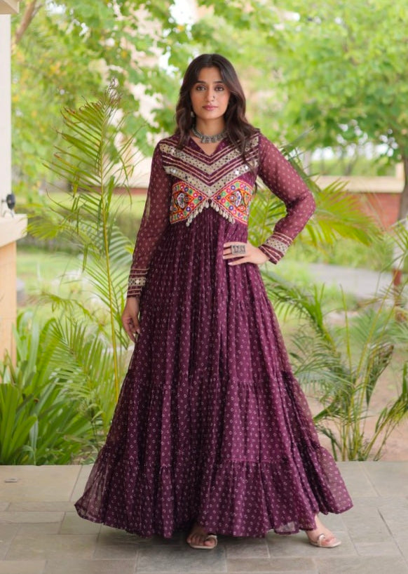 Wine Pure Faux Georgette Bandhani Print With Kutchi Patchwork Anarkali Long Gown