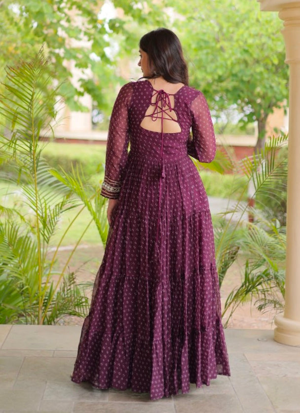 Wine Pure Faux Georgette Bandhani Print With Kutchi Patchwork Anarkali Long Gown