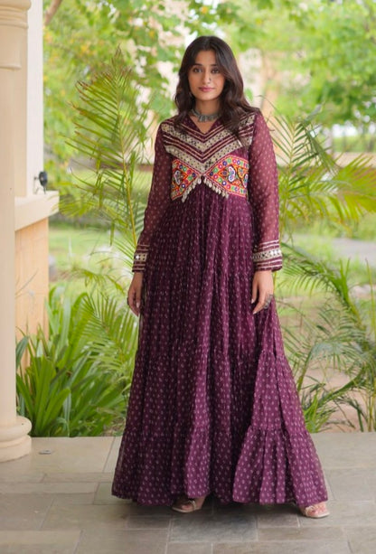 Wine Pure Faux Georgette Bandhani Print With Kutchi Patchwork Anarkali Long Gown