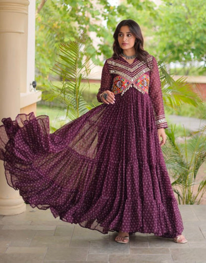 Wine Pure Faux Georgette Bandhani Print With Kutchi Patchwork Anarkali Long Gown