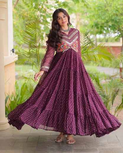 Wine Pure Faux Georgette Bandhani Print With Kutchi Patchwork Anarkali Long Gown