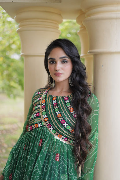 Green Pure Faux Georgette Bandhani Print With Kutchi Patchework Navratri Kurti