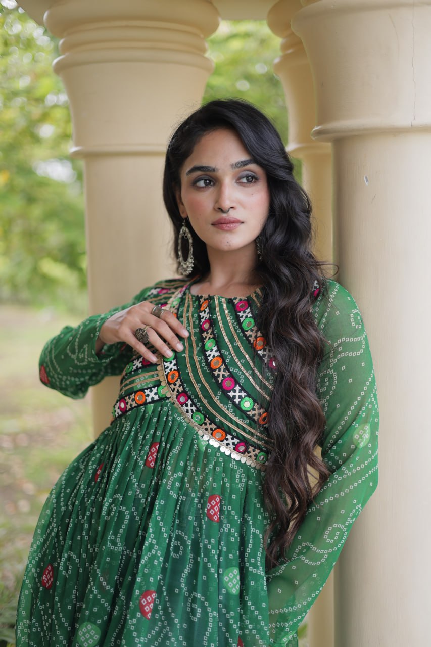 Green Pure Faux Georgette Bandhani Print With Kutchi Patchework Navratri Kurti