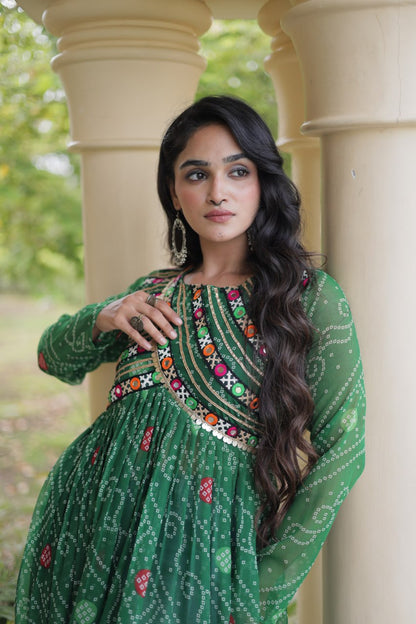 Green Pure Faux Georgette Bandhani Print With Kutchi Patchework Navratri Kurti