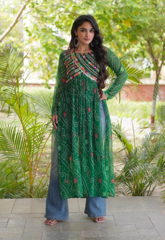 Green Pure Faux Georgette Bandhani Print With Kutchi Patchework Navratri Kurti