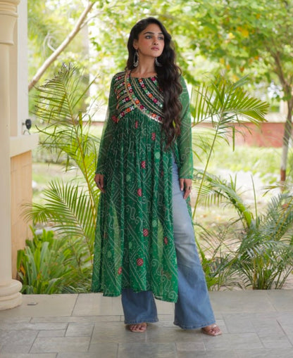 Green Pure Faux Georgette Bandhani Print With Kutchi Patchework Navratri Kurti