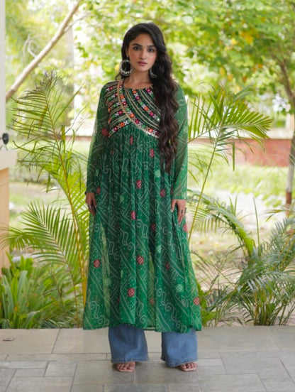 Green Pure Faux Georgette Bandhani Print With Kutchi Patchework Navratri Kurti