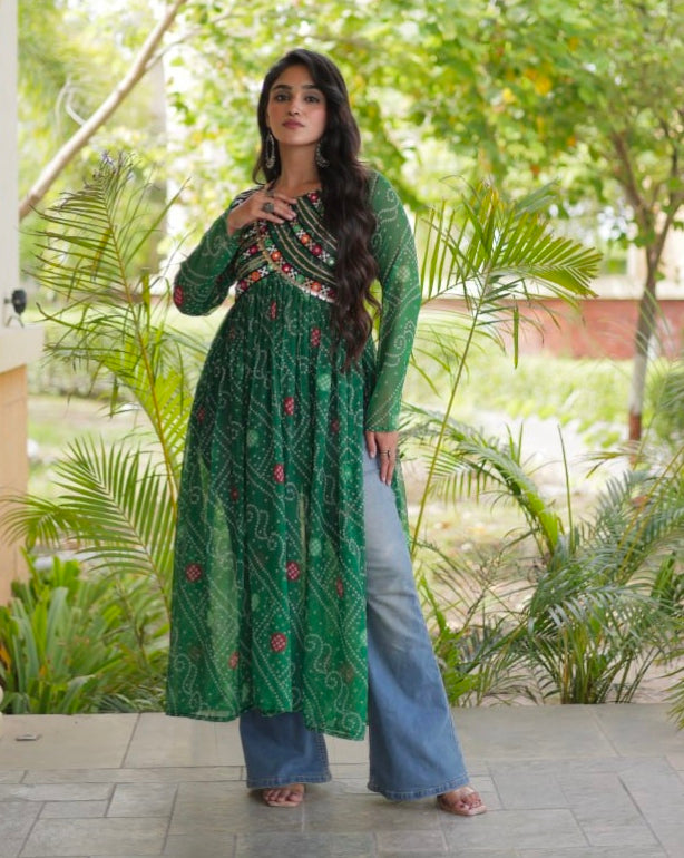 Green Pure Faux Georgette Bandhani Print With Kutchi Patchework Navratri Kurti