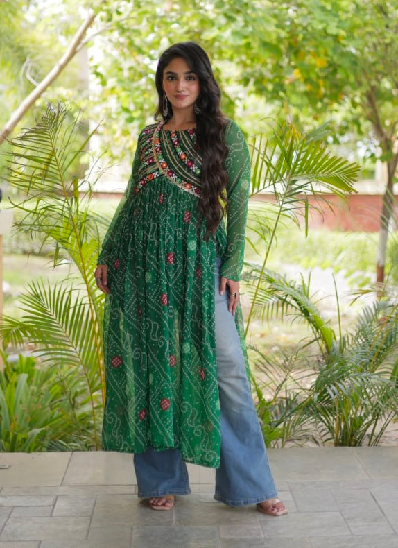 Green Pure Faux Georgette Bandhani Print With Kutchi Patchework Navratri Kurti