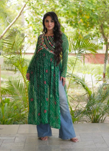 Green Pure Faux Georgette Bandhani Print With Kutchi Patchework Navratri Kurti