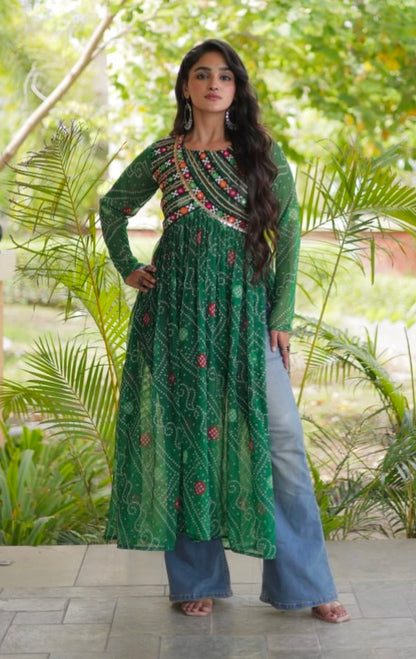 Green Pure Faux Georgette Bandhani Print With Kutchi Patchework Navratri Kurti