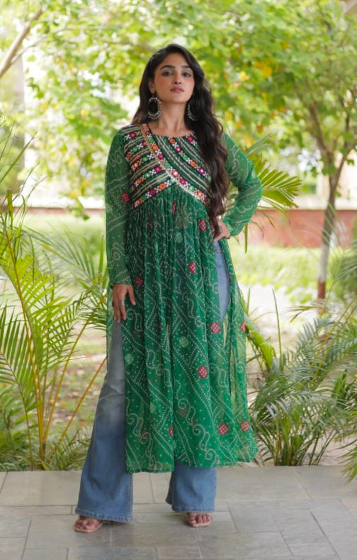 Green Pure Faux Georgette Bandhani Print With Kutchi Patchework Navratri Kurti