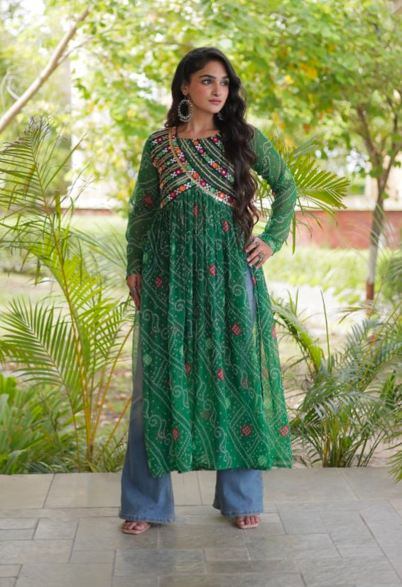 Green Pure Faux Georgette Bandhani Print With Kutchi Patchework Navratri Kurti