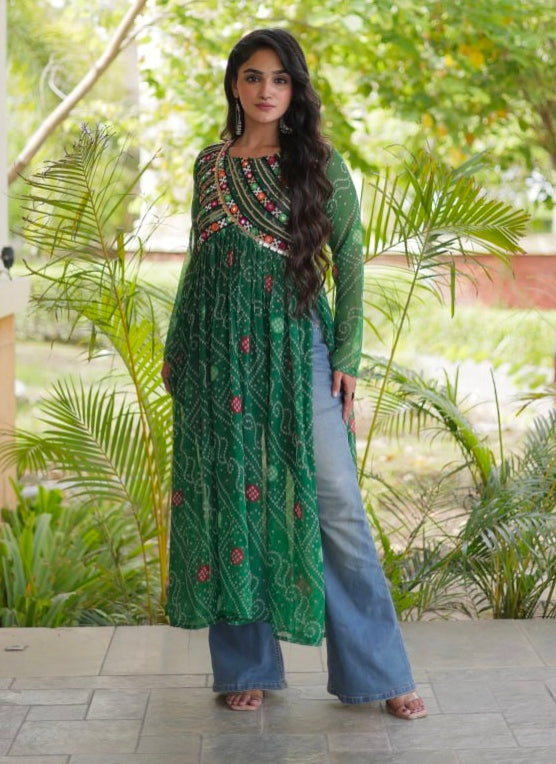 Green Pure Faux Georgette Bandhani Print With Kutchi Patchework Navratri Kurti