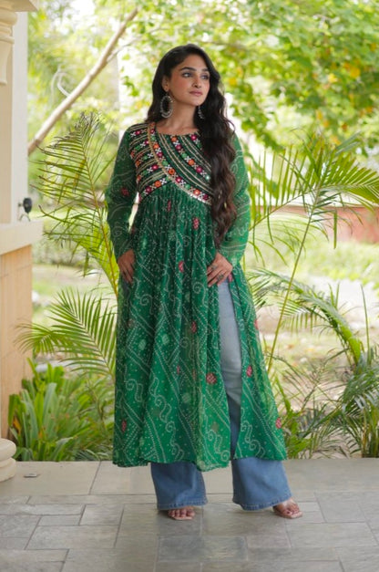 Green Pure Faux Georgette Bandhani Print With Kutchi Patchework Navratri Kurti