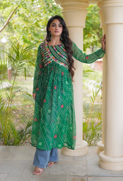 Green Pure Faux Georgette Bandhani Print With Kutchi Patchework Navratri Kurti