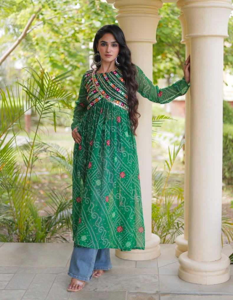 Green Pure Faux Georgette Bandhani Print With Kutchi Patchework Navratri Kurti