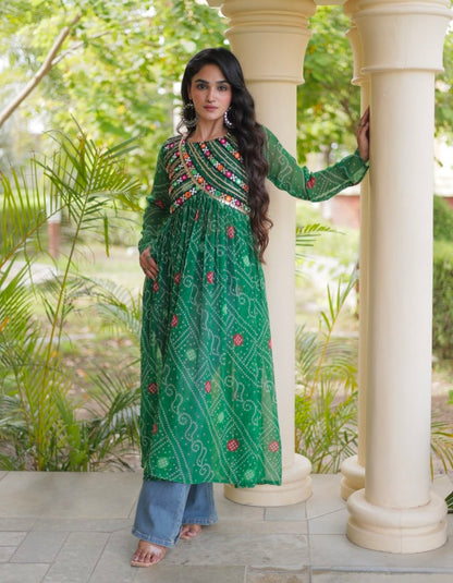 Green Pure Faux Georgette Bandhani Print With Kutchi Patchework Navratri Kurti