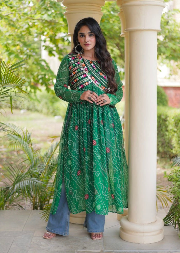 Green Pure Faux Georgette Bandhani Print With Kutchi Patchework Navratri Kurti