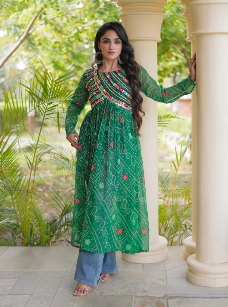 Green Pure Faux Georgette Bandhani Print With Kutchi Patchework Navratri Kurti