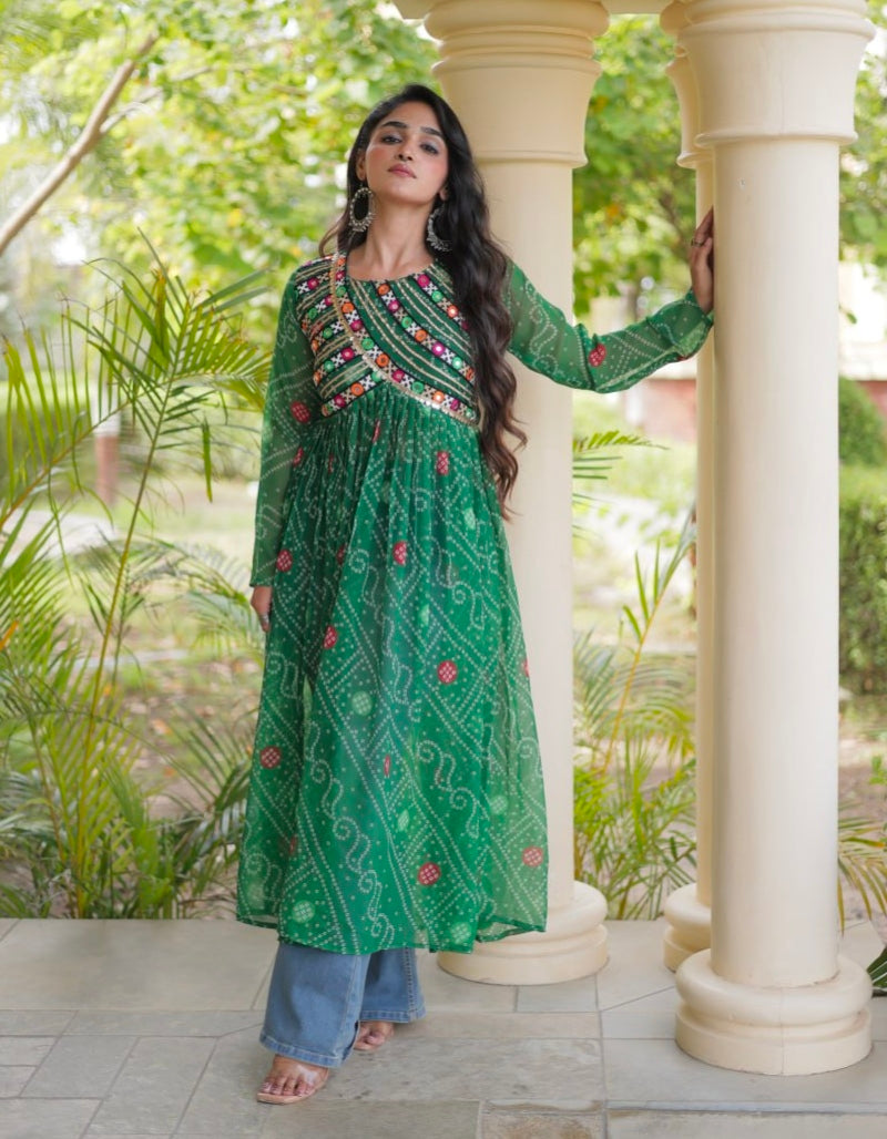 Green Pure Faux Georgette Bandhani Print With Kutchi Patchework Navratri Kurti