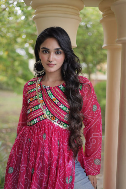 Pink Pure Faux Georgette Bandhani Print With Kutchi Patchework Navratri Kurti