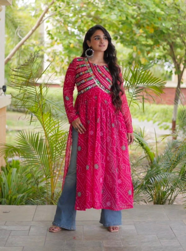 Pink Pure Faux Georgette Bandhani Print With Kutchi Patchework Navratri Kurti