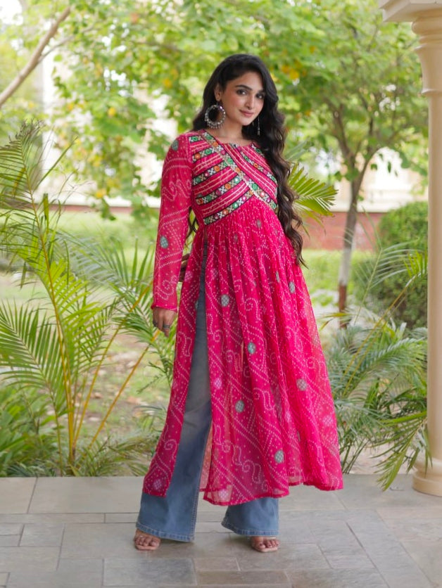 Pink Pure Faux Georgette Bandhani Print With Kutchi Patchework Navratri Kurti