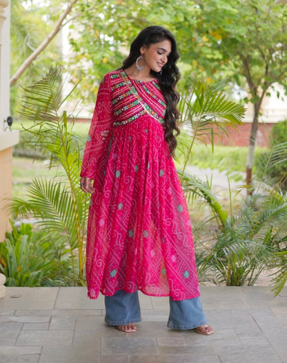 Pink Pure Faux Georgette Bandhani Print With Kutchi Patchework Navratri Kurti