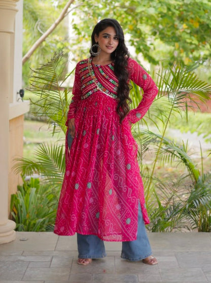 Pink Pure Faux Georgette Bandhani Print With Kutchi Patchework Navratri Kurti
