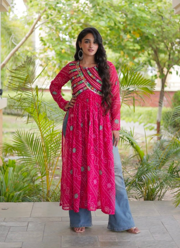 Pink Pure Faux Georgette Bandhani Print With Kutchi Patchework Navratri Kurti