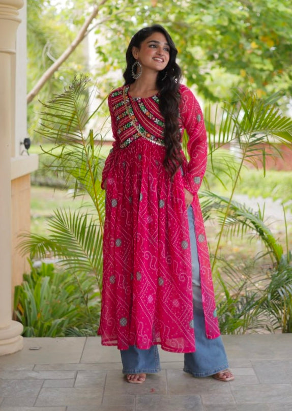Pink Pure Faux Georgette Bandhani Print With Kutchi Patchework Navratri Kurti