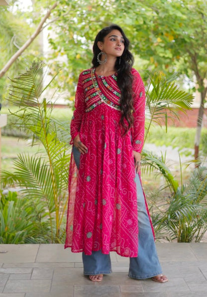 Pink Pure Faux Georgette Bandhani Print With Kutchi Patchework Navratri Kurti