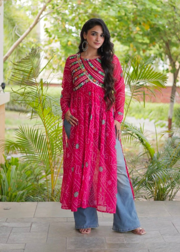 Pink Pure Faux Georgette Bandhani Print With Kutchi Patchework Navratri Kurti