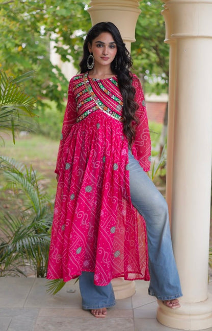 Pink Pure Faux Georgette Bandhani Print With Kutchi Patchework Navratri Kurti