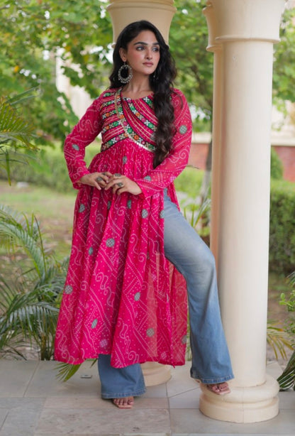 Pink Pure Faux Georgette Bandhani Print With Kutchi Patchework Navratri Kurti