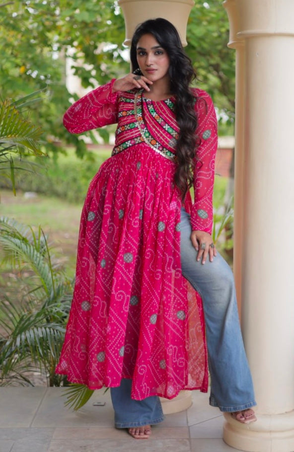 Pink Pure Faux Georgette Bandhani Print With Kutchi Patchework Navratri Kurti