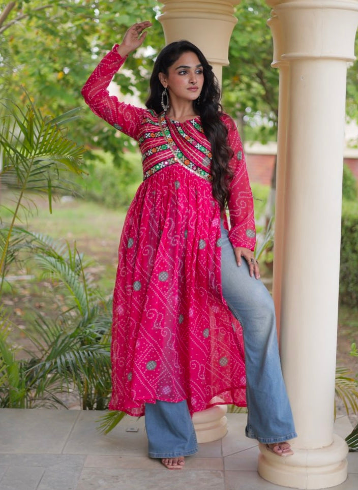 Pink Pure Faux Georgette Bandhani Print With Kutchi Patchework Navratri Kurti