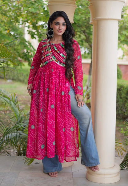 Pink Pure Faux Georgette Bandhani Print With Kutchi Patchework Navratri Kurti