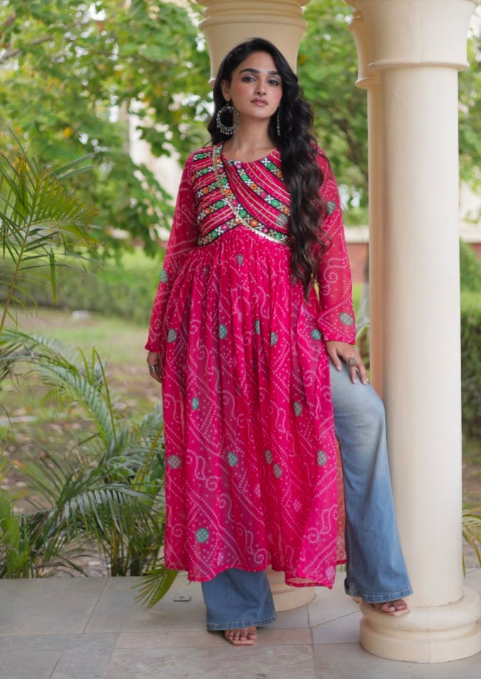 Pink Pure Faux Georgette Bandhani Print With Kutchi Patchework Navratri Kurti