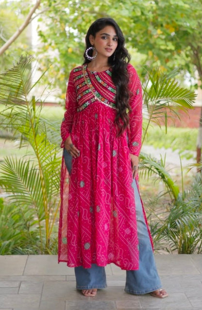 Pink Pure Faux Georgette Bandhani Print With Kutchi Patchework Navratri Kurti
