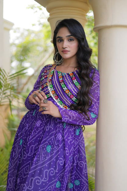 Blue Pure Faux Georgette Bandhani Print With Kutchi Patchework Navratri Kurti