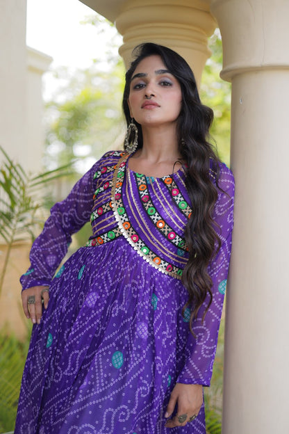 Blue Pure Faux Georgette Bandhani Print With Kutchi Patchework Navratri Kurti