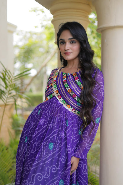 Blue Pure Faux Georgette Bandhani Print With Kutchi Patchework Navratri Kurti