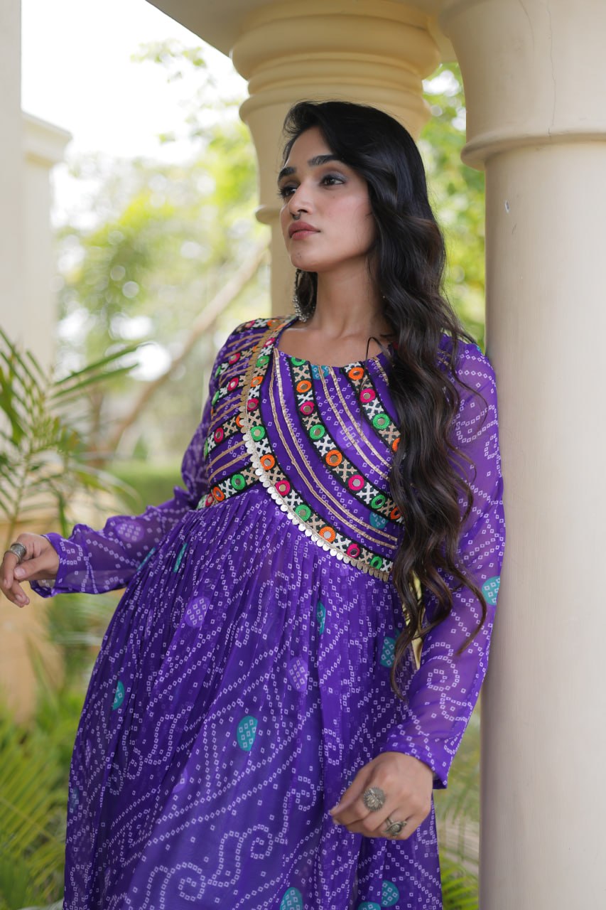 Blue Pure Faux Georgette Bandhani Print With Kutchi Patchework Navratri Kurti